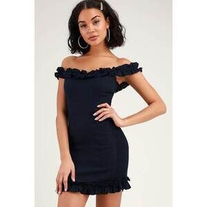 Lulus Elati Navy Blue Ruffled Off-the-shoulder Bodycon Dress - Size S